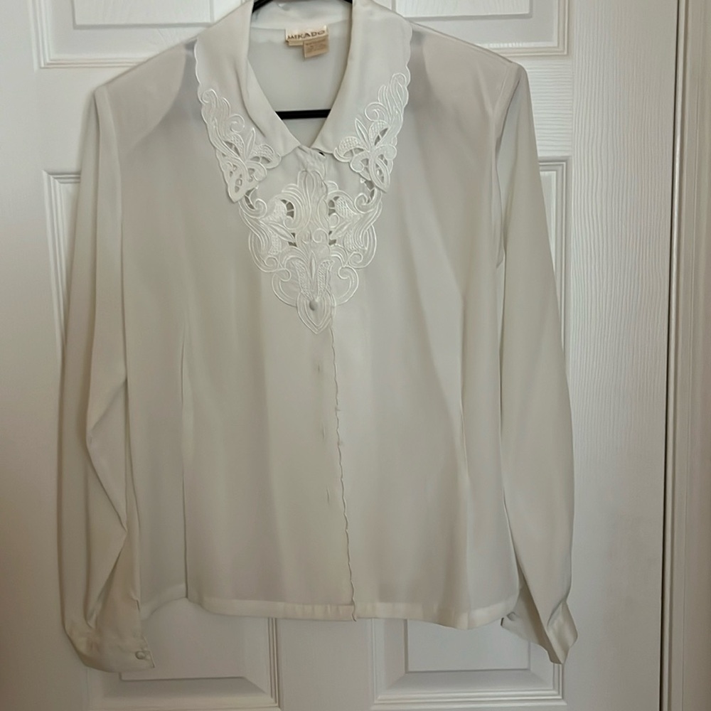 Women’s MIKADO long sleeve white colored blouse size12 like new 100% polyester